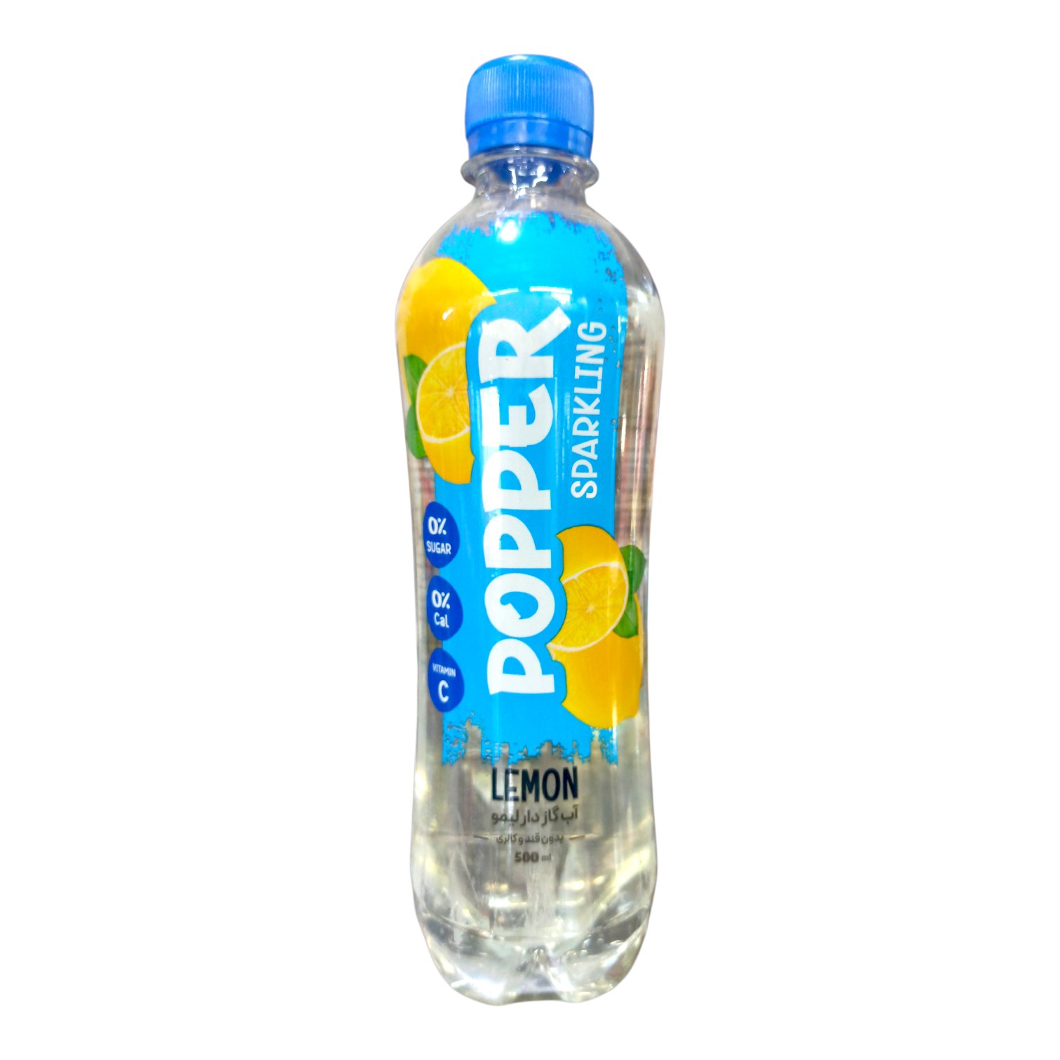 نوشابه گاز دار بی‌رنگ با طعم لیمو بدون قند popper500ml